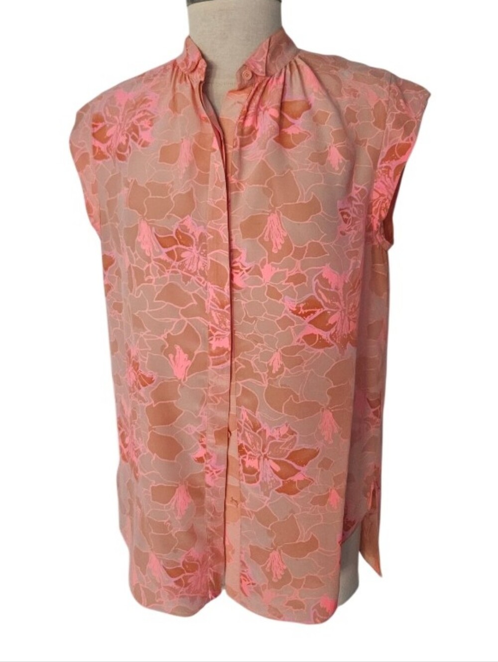 Rebecca Taylor Silk Peach Pink Floral Sleeveless Button Front Blouse